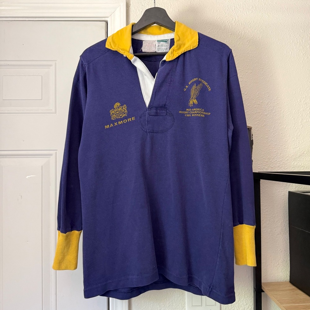 Vintage maxmore indigo blue varsity rugby athletic sports polo long sleeve shirt